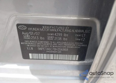 2008 Hyundai Sonata Gls z USA, uszkodzony, nr VIN 5NPET46C78H356868